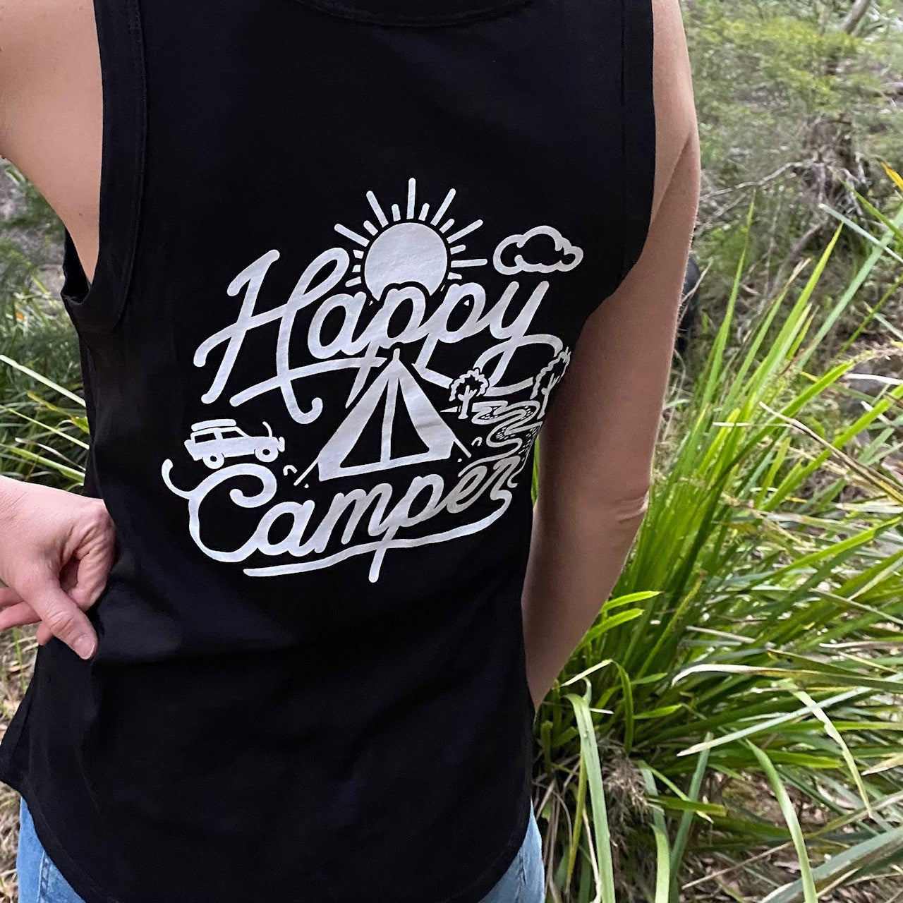 Singlet Graphic Print Happy Camper Ladies Black