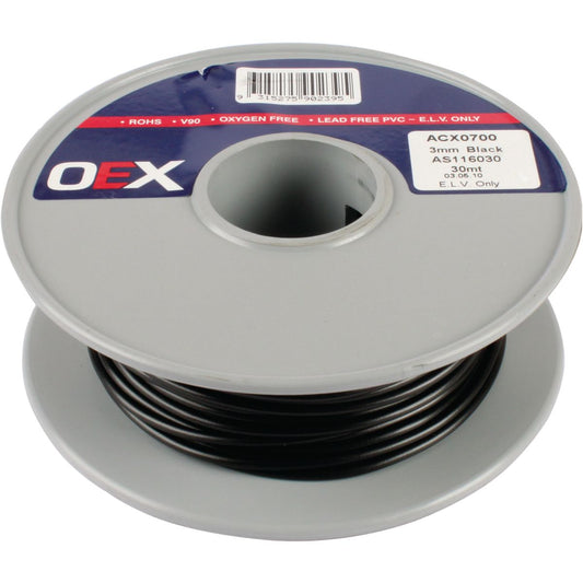 OEX Automotive Cable Single Core 3mm Black 30M Roll - ACX0700