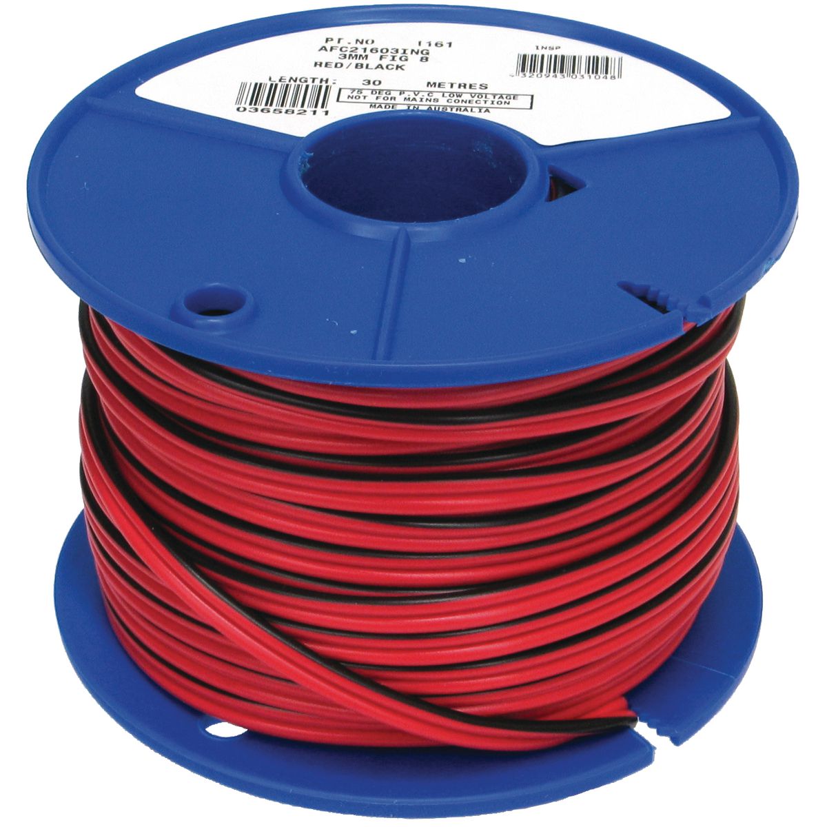 OEX Automotive Cable Twin Core 3mm Figure 8, Red W/Black Trace 30M Roll - ACX0802