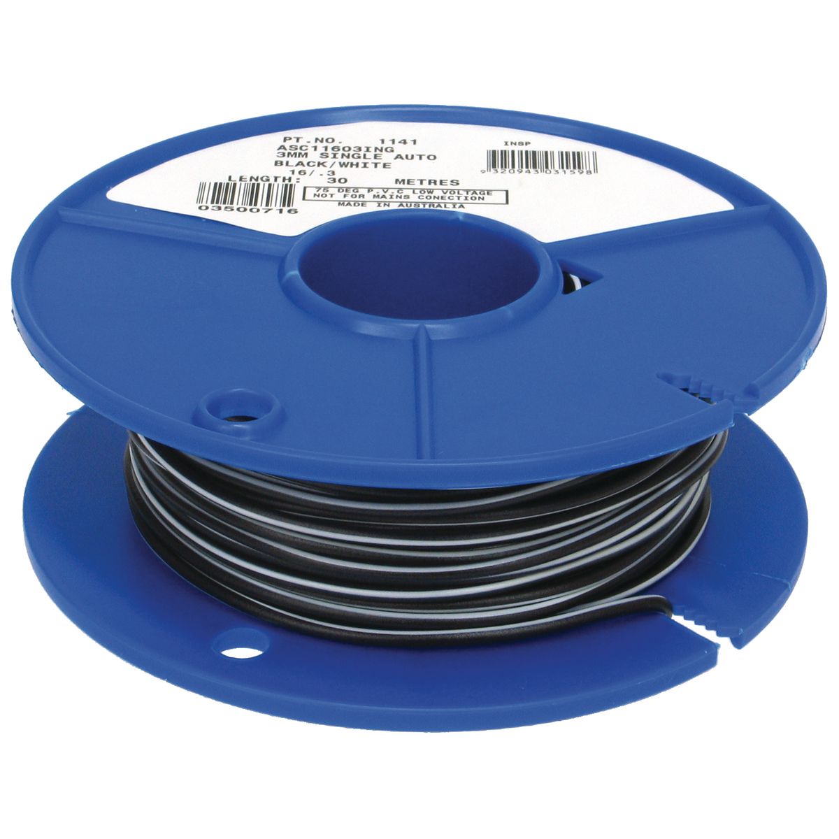 OEX Automotive Cable Single Core 3mm Black W/White Trace 30M Roll - ACX0711