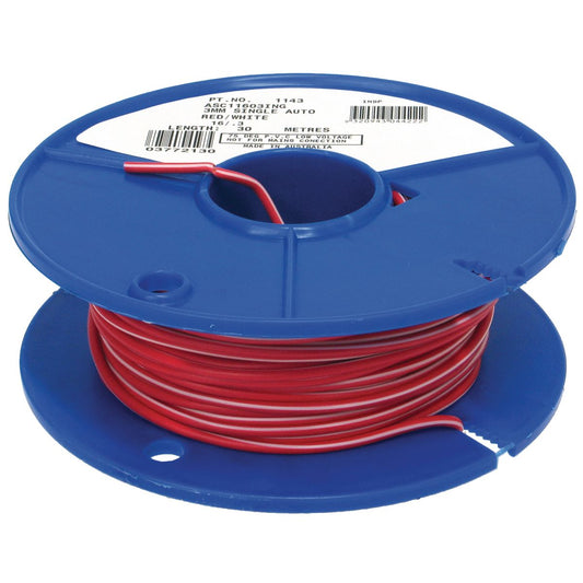 OEX Automotive Cable Single Core 3mm Red W/White Trace 30M Roll - ACX0713