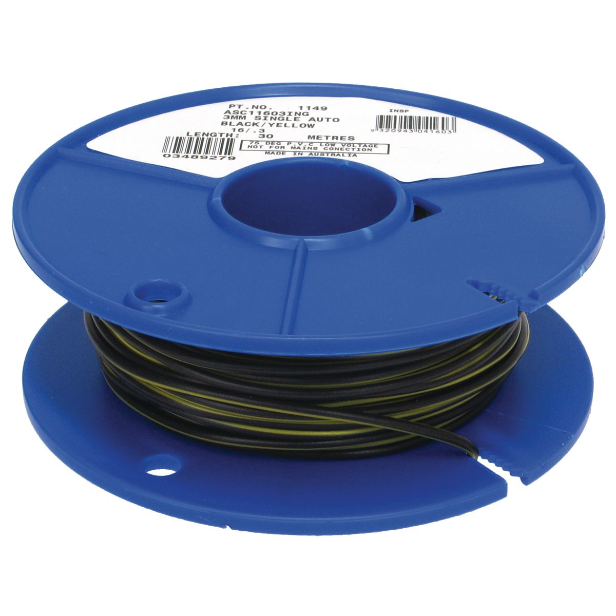 OEX Automotive Cable Single Core 3mm Black W/Yellow Trace 30M Roll - ACX0718