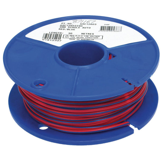 OEX Automotive Cable Single Core 3mm Red W/Blue Trace 30M Roll - ACX0721