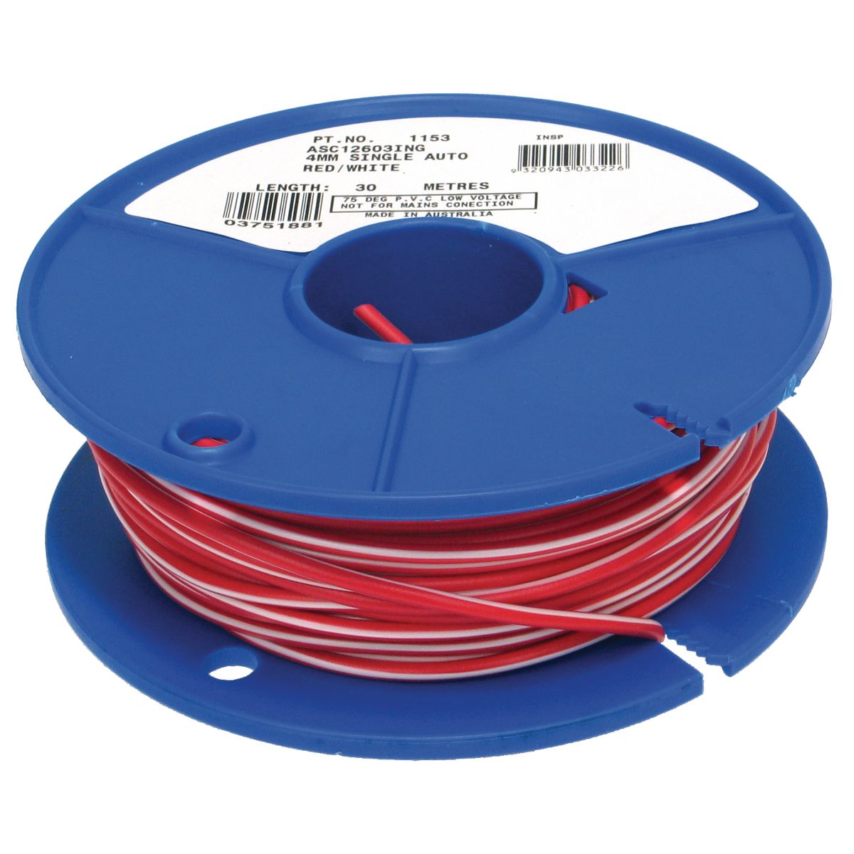 OEX Automotive Cable Single Core 4mm Red W/White Trace 30M Roll - ACX0736