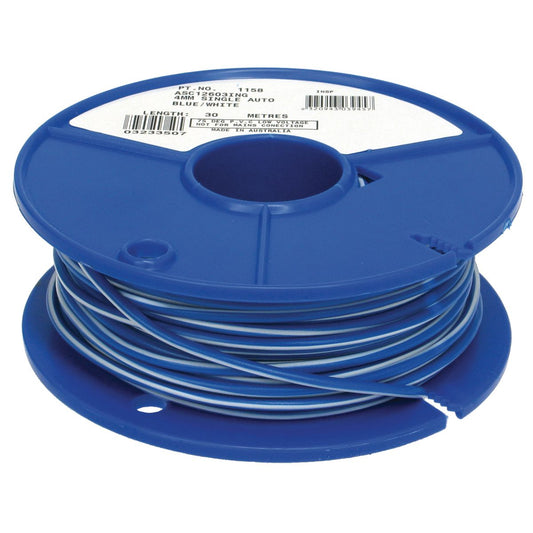 OEX Automotive Cable Single Core 4mm Blue W/White Trace 30M Roll - ACX0740