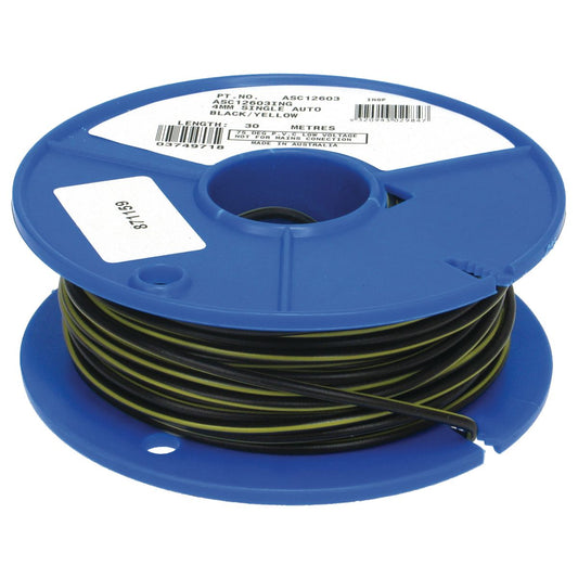 OEX Automotive Cable Single Core 4mm Black W/Yellow Trace 30M Roll - ACX0741