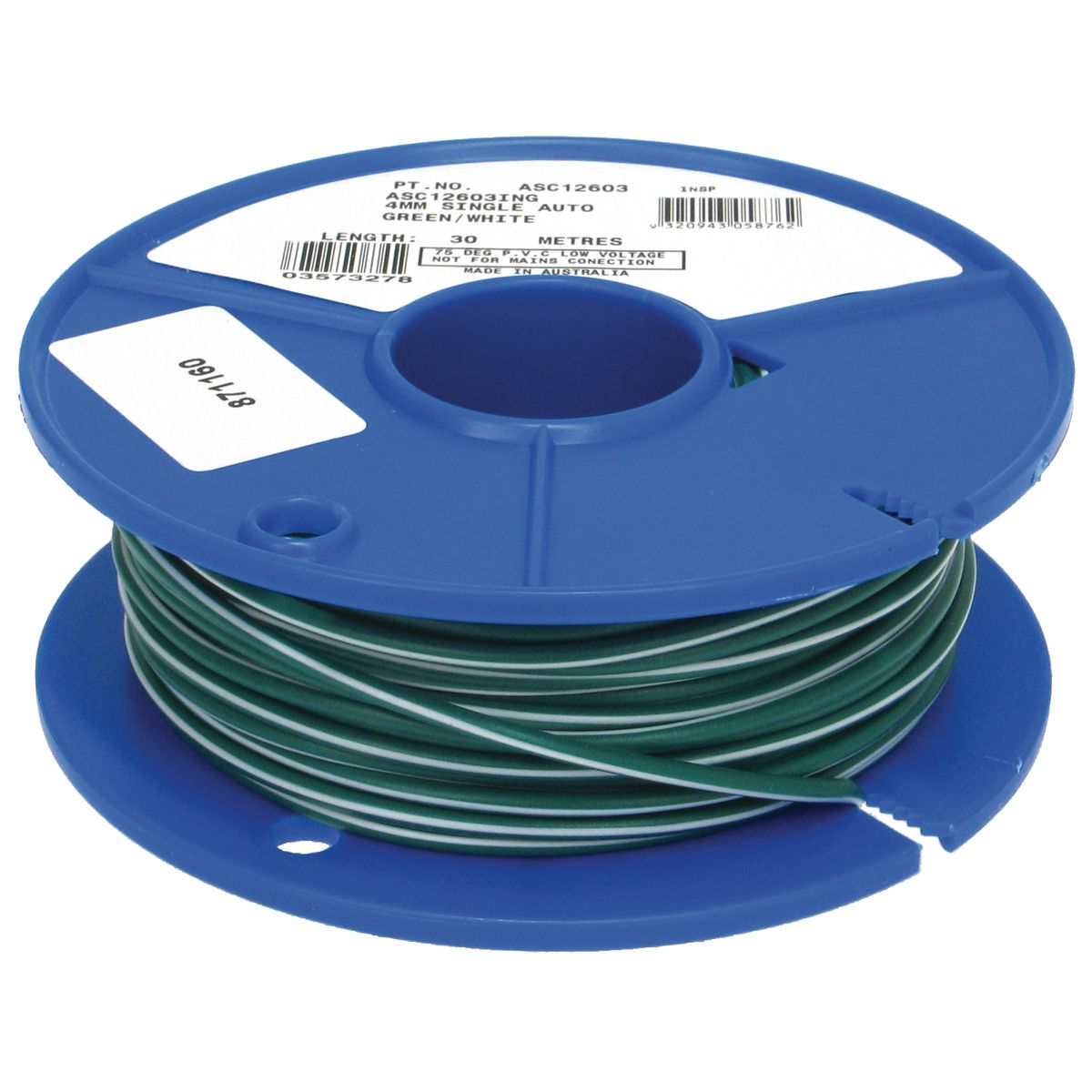 OEX 4mm Single Core Automotive Cable, Green With White Trace - 30m Roll - ACX0742