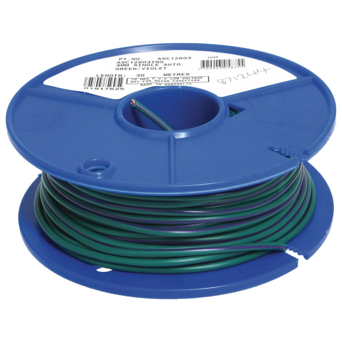 OEX 4mm Single Core Automotive Cable, Green With Violet Trace - 30m Roll - ACX0747