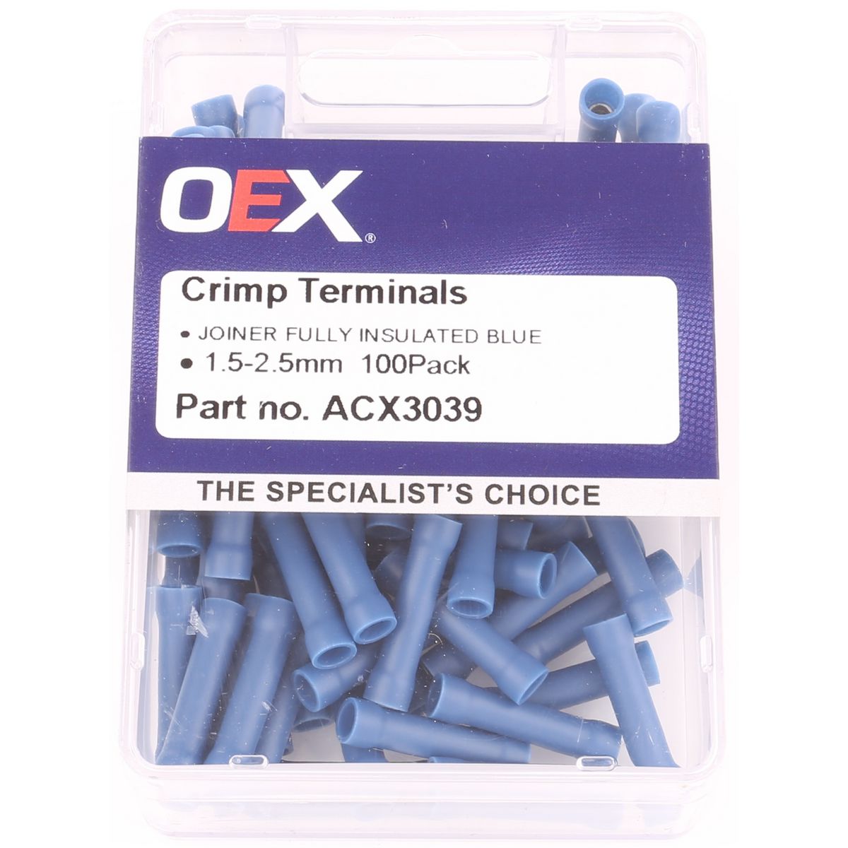 OEX Crimp Terminal Joiner Blue Cable Size 4mm Vinyl (Pack of 100) - ACX3039