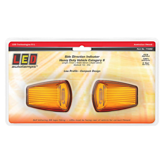 LED Autolamps 12/24V Cat6 Side Direction Indicator Lamp Amber Lens Twin Blister - 77AM2