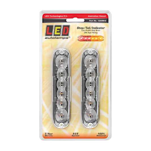 LED Autolamps 12/24V Stop/Tail/Indicator Light Clear Lens Coloured LEDs Surface Mount - 12ARM-2