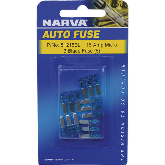 Narva Micro 3 Blade Fuse 15A Blue 5 Pack - 51215BL