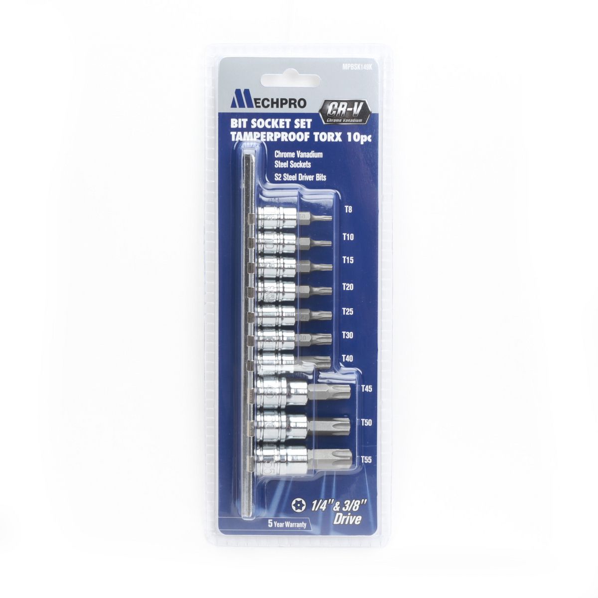 Mechpro Blue Tamperproof Torx Socket Set 1/4In, 3/8In & 1/2In 10pc - MPBSK149K