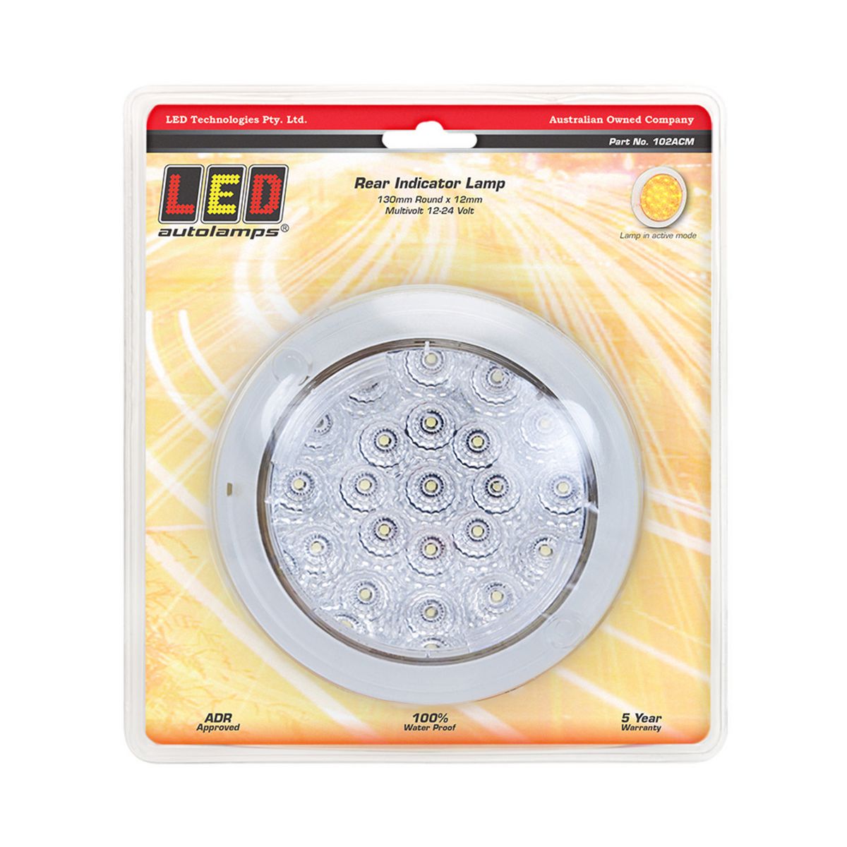 LED Autolamps 12/24V Round Indicator Lamp With Clear Lens 130mm Diameter Recessed Mount - 102ACM