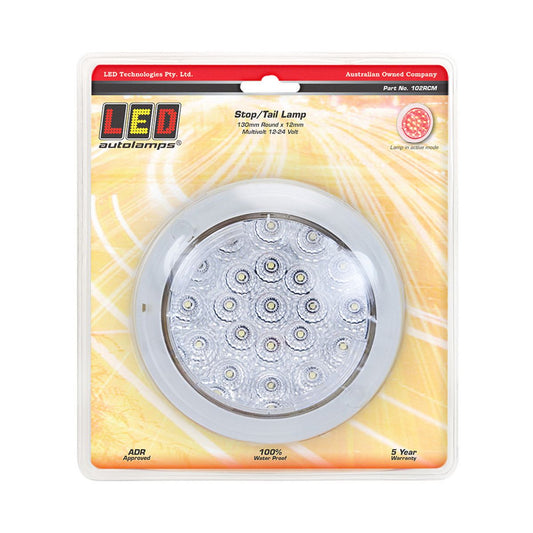 LED Autolamps 12/24V Round Stop/Tail Lamp With Clear Lens 130mm Diameter Recessed Mount Blister Pack - 102RCM