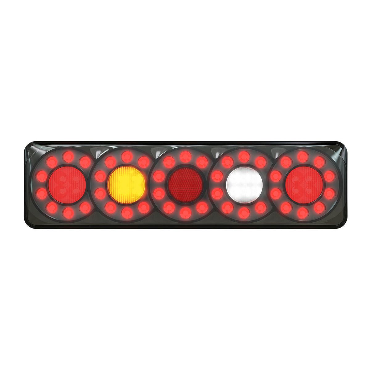 LED Autolamps Stop/Tail/Ind/Rev, 5 circle pattern tail light, black chrome with tinted lens,  Multivolt, 385 x 104 x 31mm, ECE, Twin Blister with Try Me Function- - 3851ARWM-2