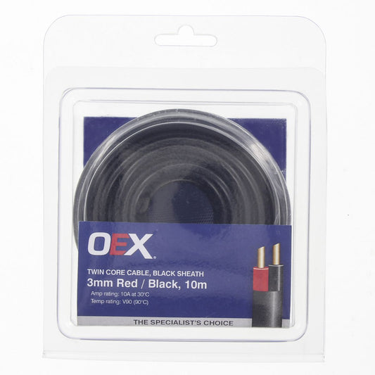 OEX 3mm Twin Core Automotive Cable, Red / Black, With Black Sheath - 10m Blister Pack - ACX0806-10BL