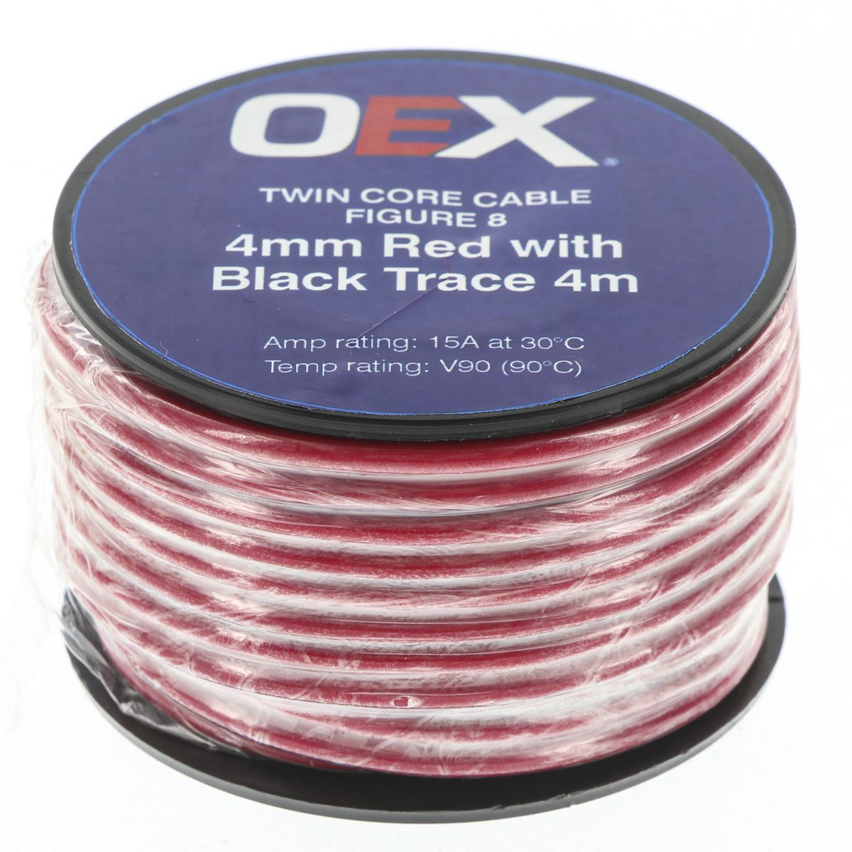 OEX 4mm Twin Core Automotive Cable, Figure 8, Red With Black Trace - 4m Roll - ACX0804-4M