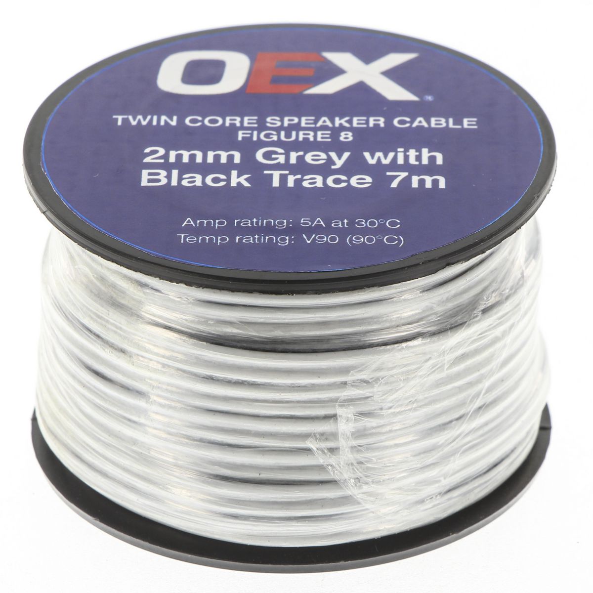 OEX 2mm Twin Core Speaker Cable, Figure 8, Grey with Black Trace - 7m Roll - ACX0800-7M