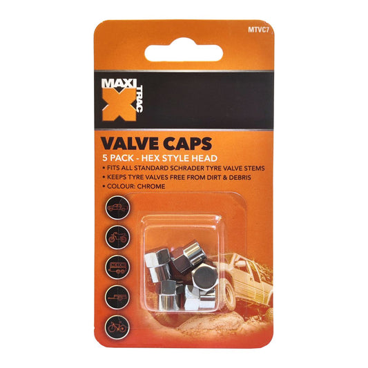 Maxi Trac Hexagon Chrome Valve Caps 5 Pack - MTVC7