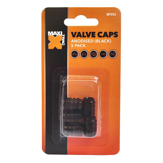 Maxi Trac Anodised Hex Black Valve Caps 5 Pack - MTVC5