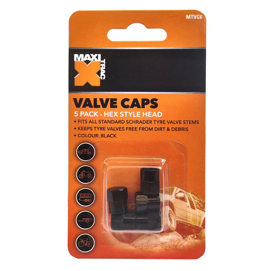 Maxi Trac Hexagon Black Valve Caps 5 Pack - MTVC6