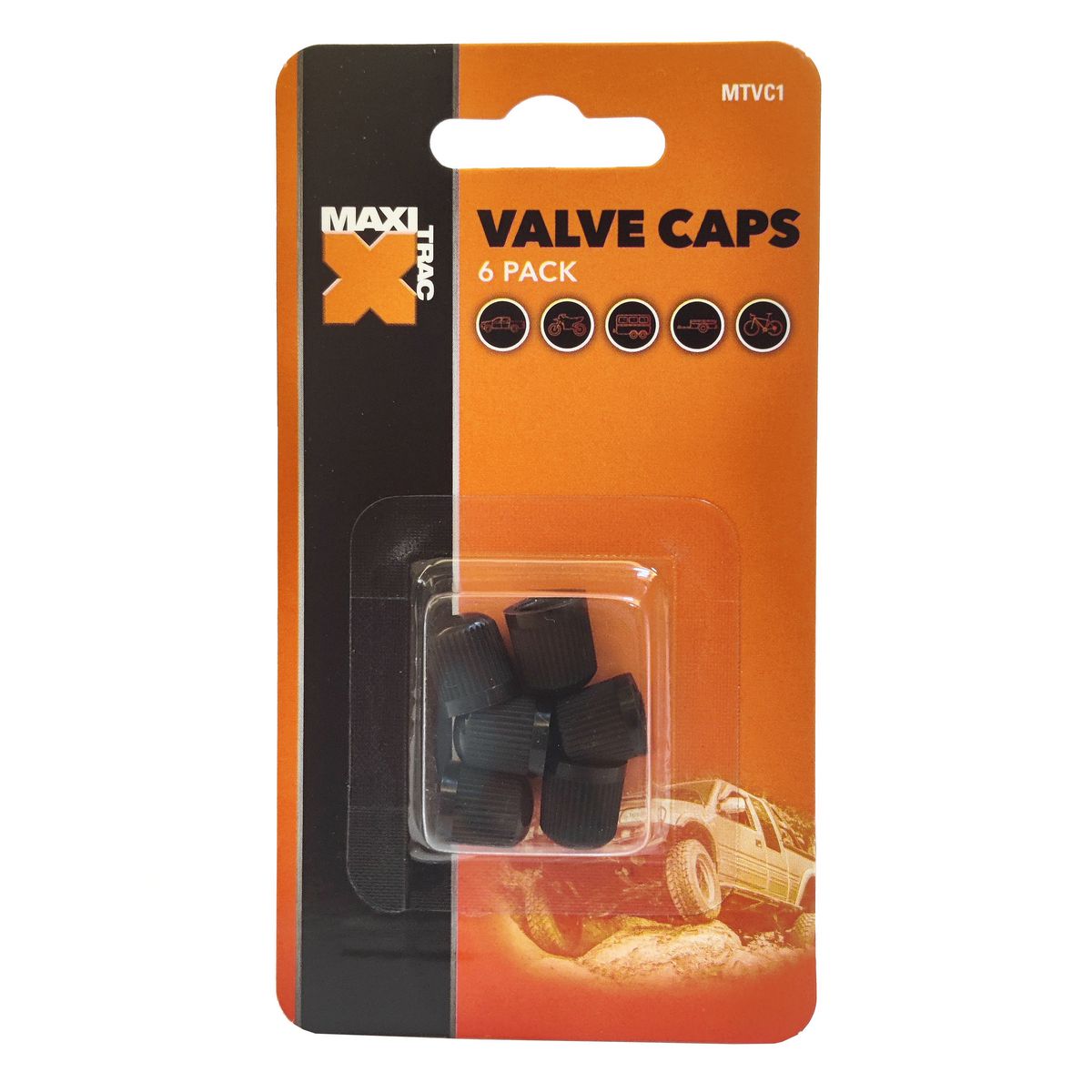 Maxi Trac Plastic Black Valve Caps 6 Pack - MTVC1