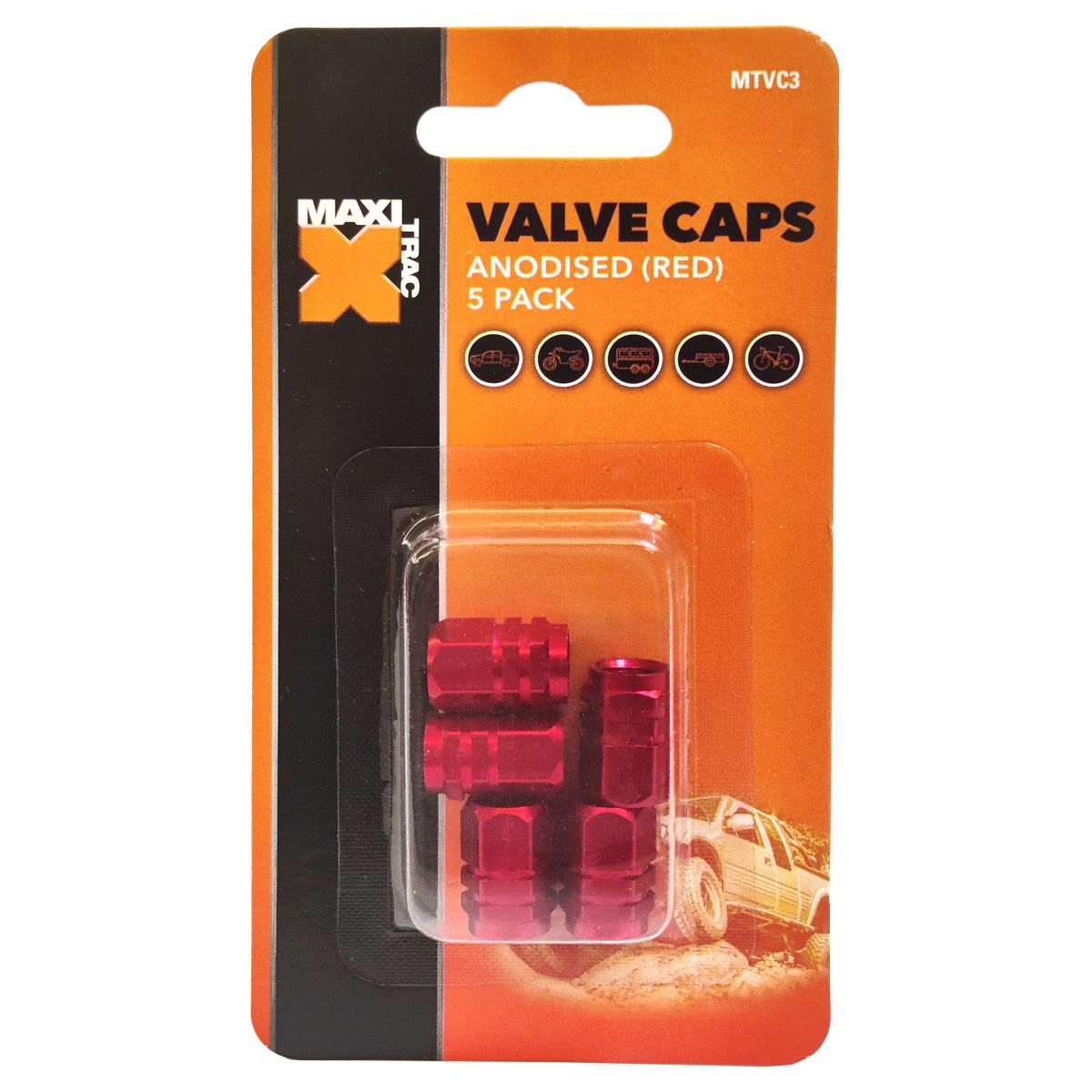 Maxi Trac Anodised Hex Red Valve Caps 5 Pack - MTVC3