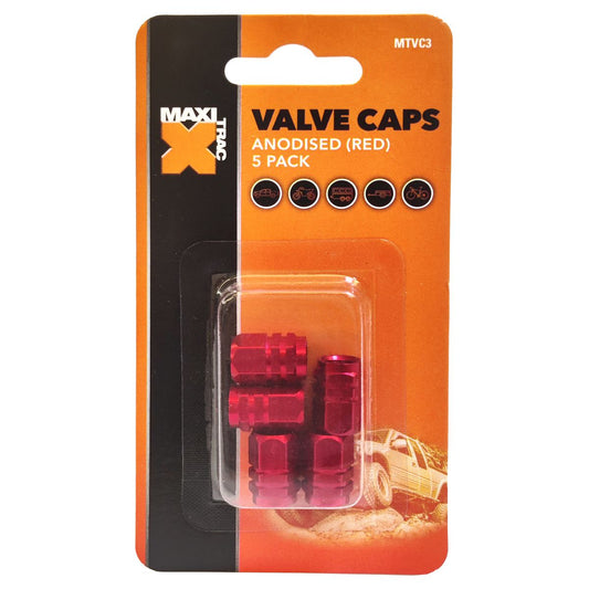 Maxi Trac Anodised Hex Red Valve Caps 5 Pack - MTVC3