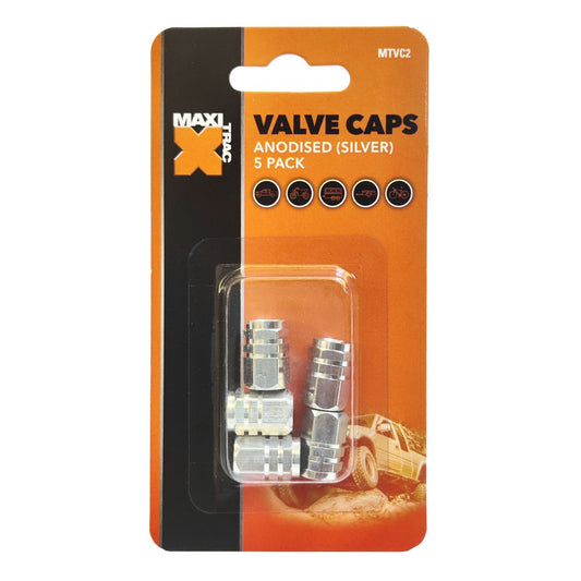 Maxi Trac Anodised Hex Silver Valve Caps 5 Pack - MTVC2