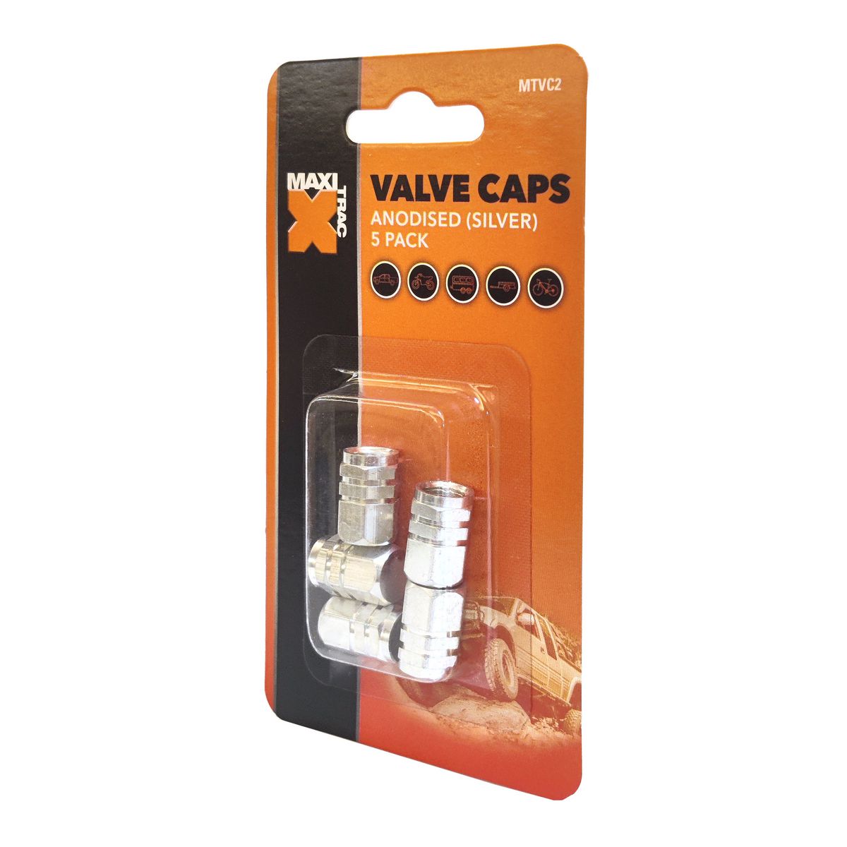 Maxi Trac Anodised Hex Silver Valve Caps 5 Pack - MTVC2