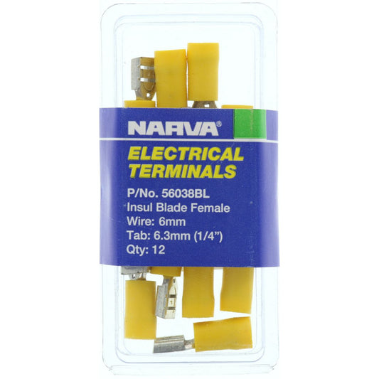 Narva Crimp Terminal Female Blade Yellow Insulated 6.3mm  12 Pce - 56038BL