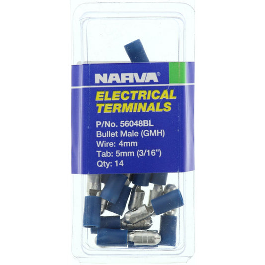 Narva Crimp Terminal Male Bullet Blue Insulated 5mm  14 Pce - 56048BL