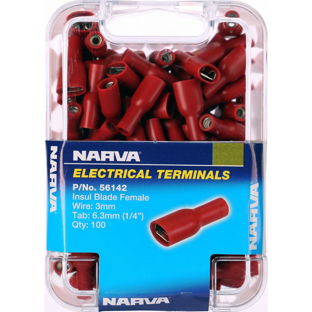 Narva Crimp Terminal Female Blade Red Terminal Entry 6.3 x 0.8mm Vinyl 100 Pce - 56142
