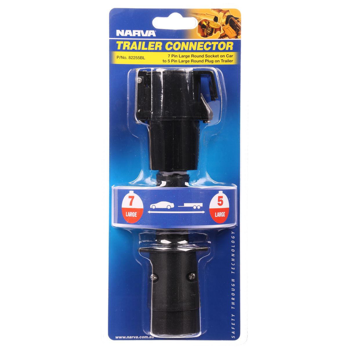 Narva Trailer Adaptor 7 Pin Round Large (Car) To 5 Pin Round Large (Trailer) - 82255BL