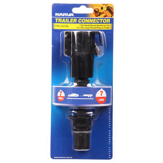 Narva Trailer Adaptor 7 Pin Round Small (Car) To 7 Pin Round Large (Trailer) - 82275BL