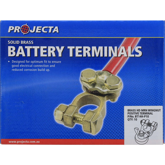 PROJECTA Brass Battery Terminal Positive Heavy Duty Wingnut Mount 10 Pack - BT14H-P10