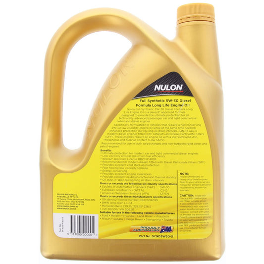 Nulon Full Synthetic Long Life Diesel Engine Oil 5W-30 5L - SYND5W30-5