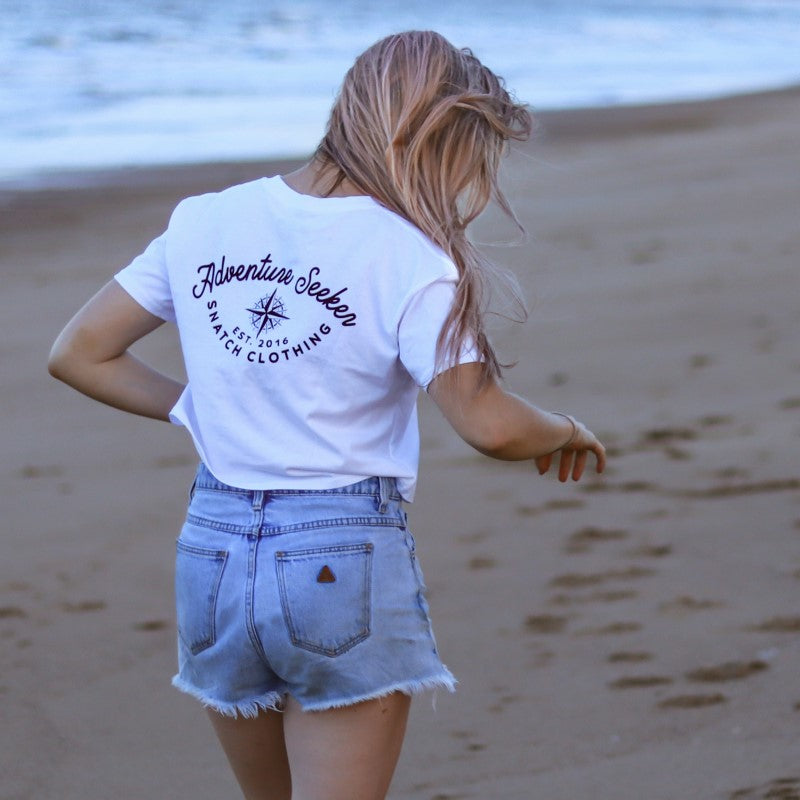 Crew Tee Crop Graphic Print Adventure Seeker Ladies White - SF1415WHS
