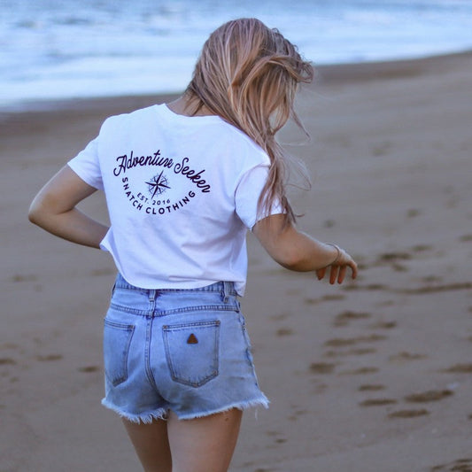 Crew Tee Crop Graphic Print Adventure Seeker Ladies White - SF1415WHS