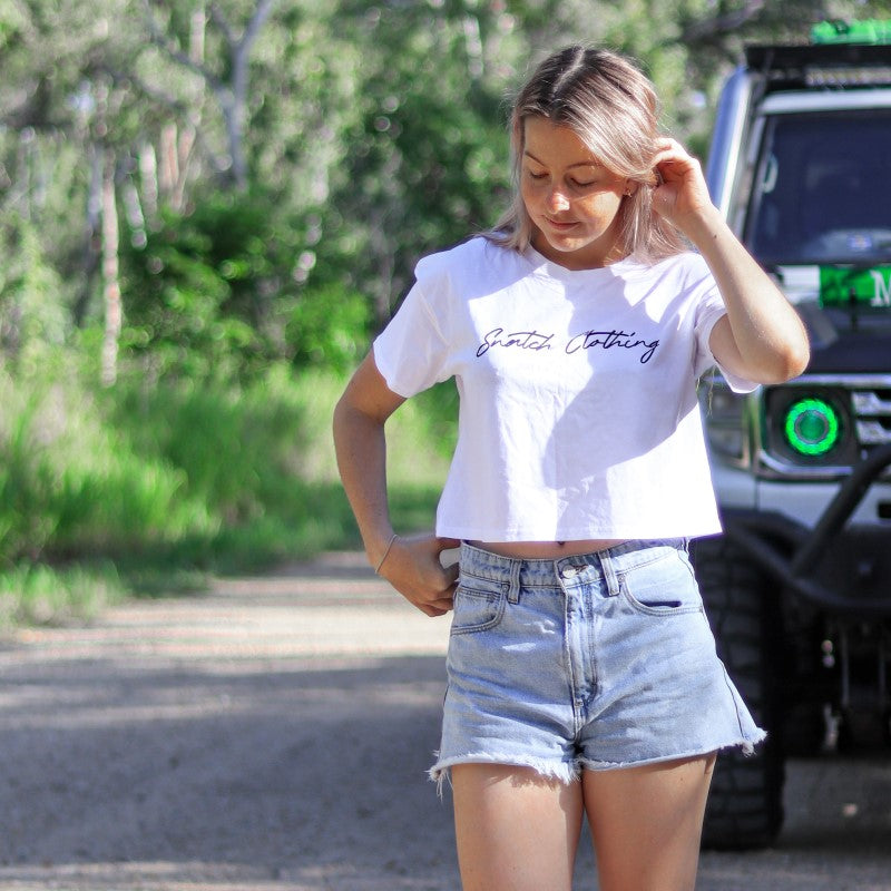 Crew Tee Crop Graphic Print Adventure Seeker Ladies White