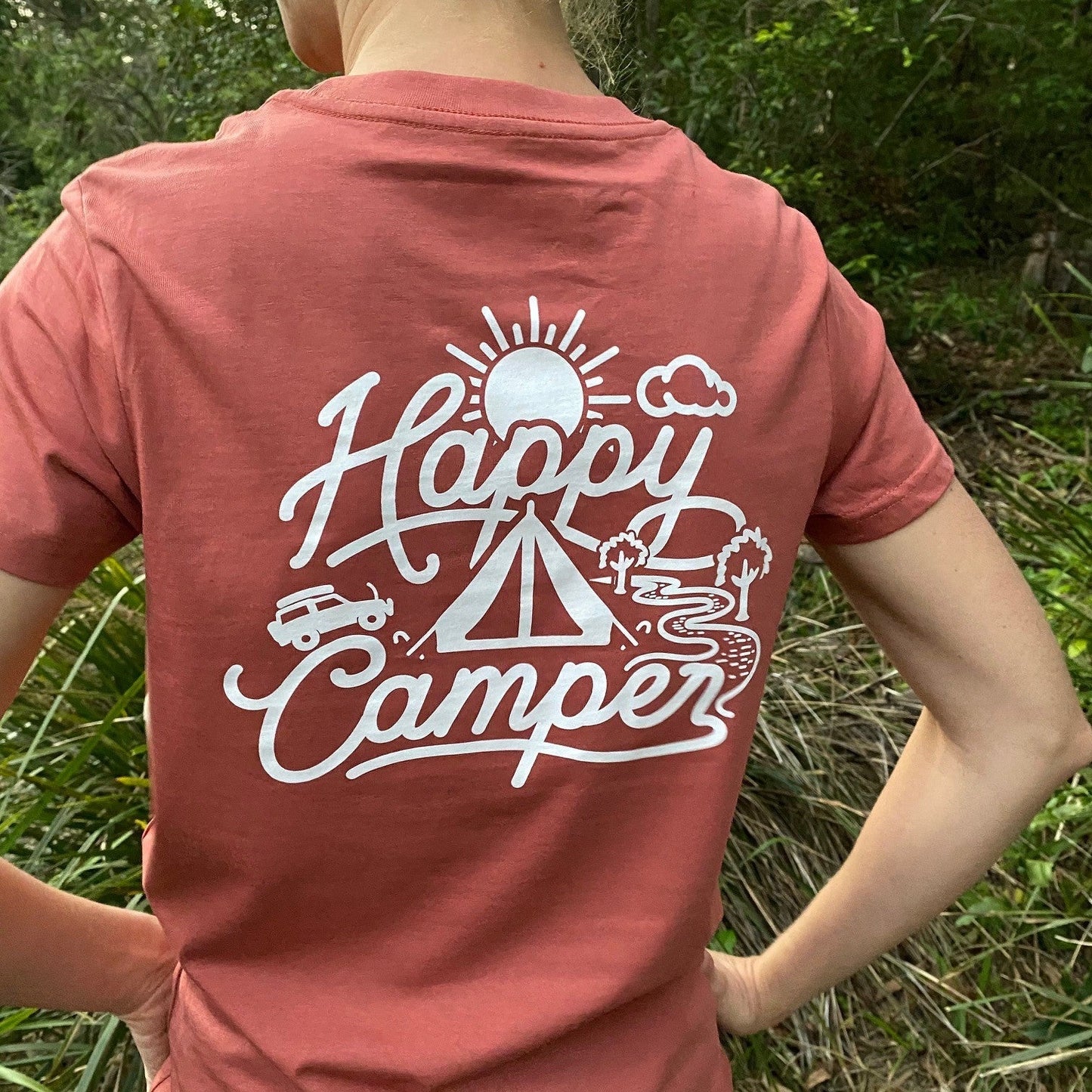 Crew Tee Graphic Print Happy Camper Ladies Coral