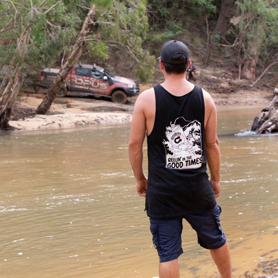 Muscle Top Graphic Print Reelin in the Good Times Black